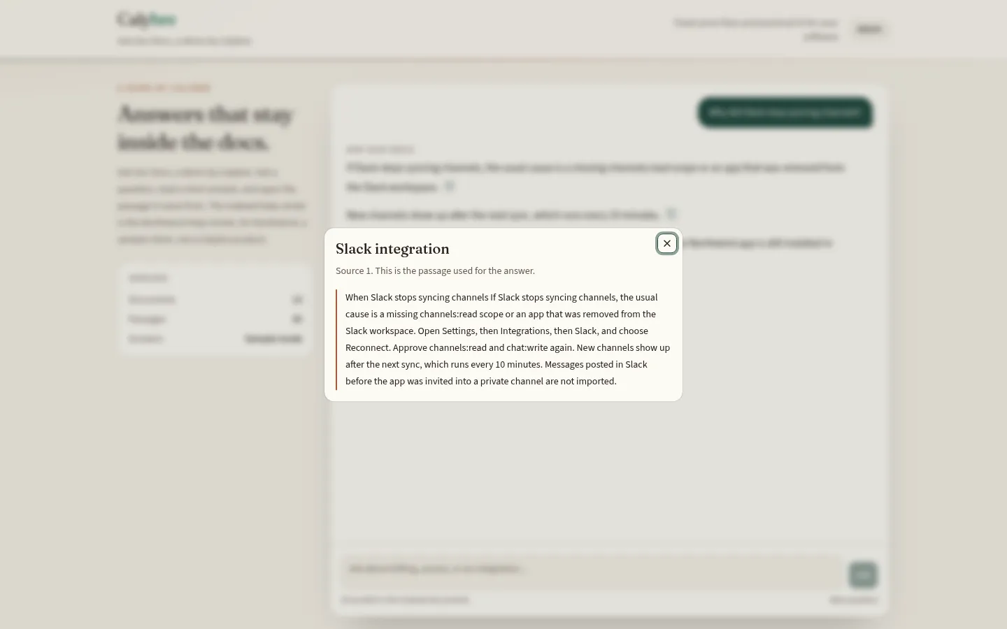 Ask Our Docs demo project: the sources panel open on the Slack integration passage the answer cited. Northwind is fictional.