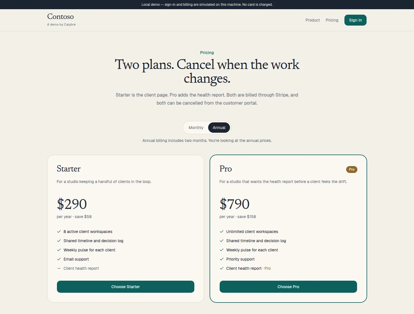 Contoso Workspace demo project pricing screen. Contoso is a made-up product, and the prices in the image are demo prices, not Calybre prices.