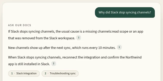 Ask Our Docs answering a question about a Slack sync issue, with numbered citations to the help-center sources.