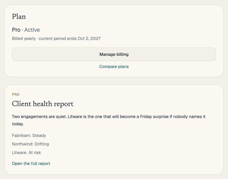 Contoso Workspace with Pro unlocked: the active plan panel and a client health report.