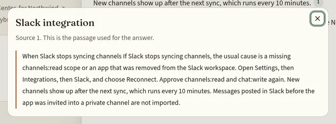 Ask Our Docs source dialog showing the Slack integration passage the answer cited.